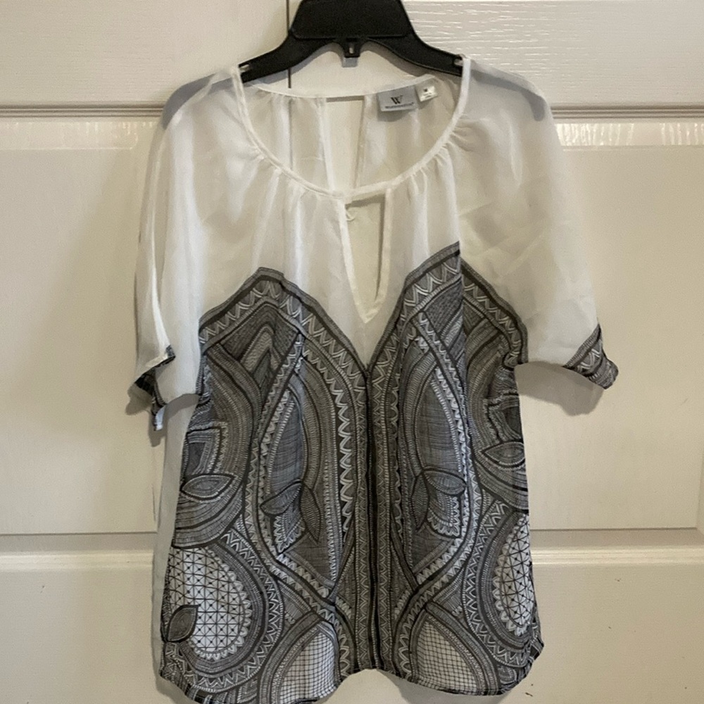Worthington Sheer White and Gray Graphic Blouse Short Sleeve - Picture 1 of 4